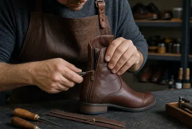 Sapateiro consertando o zíper de uma bota em Betim.