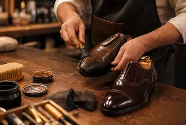 Sapateiro em Betim reformando um par de sapatos sociais.