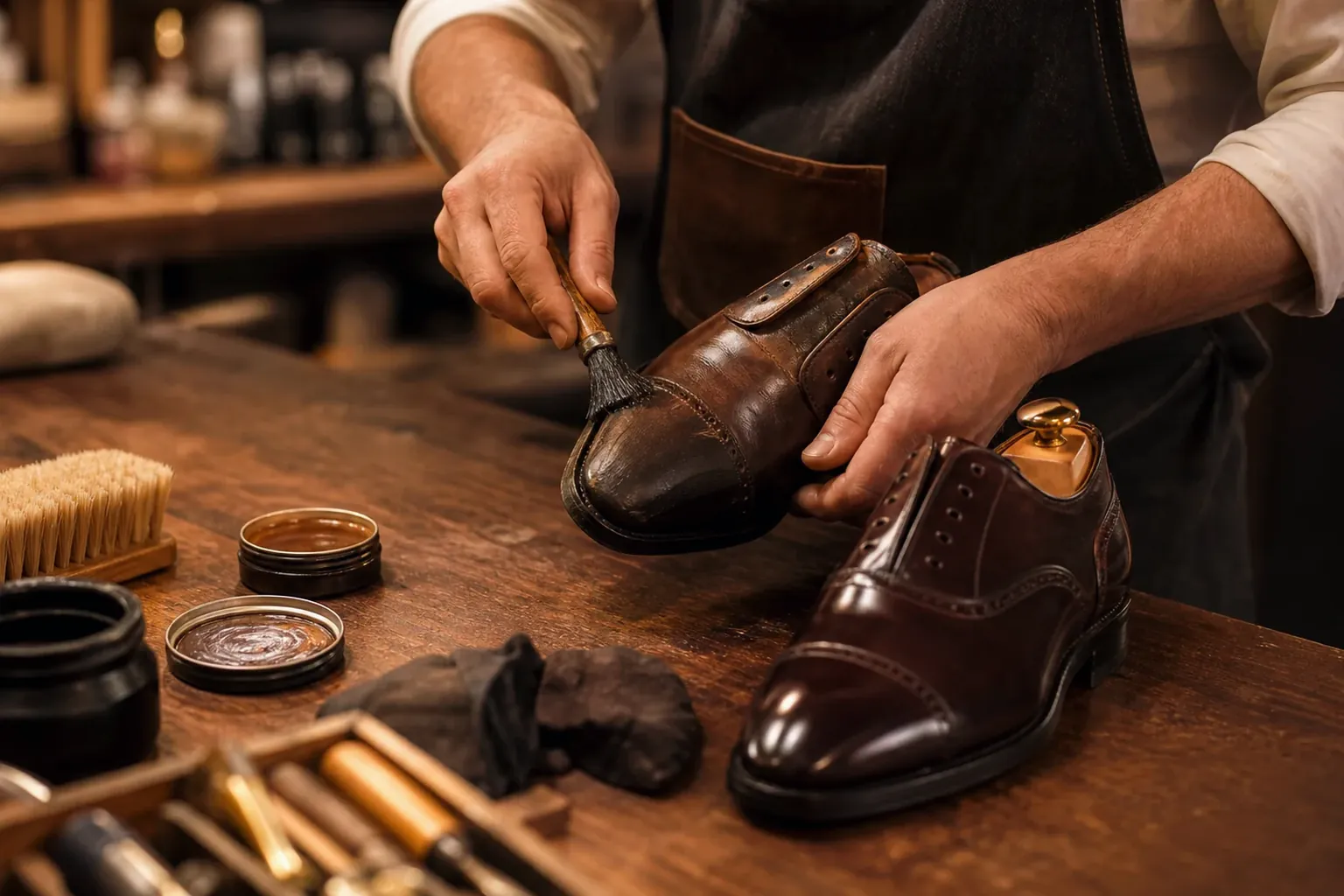 Sapateiro em Betim reformando um par de sapatos sociais.