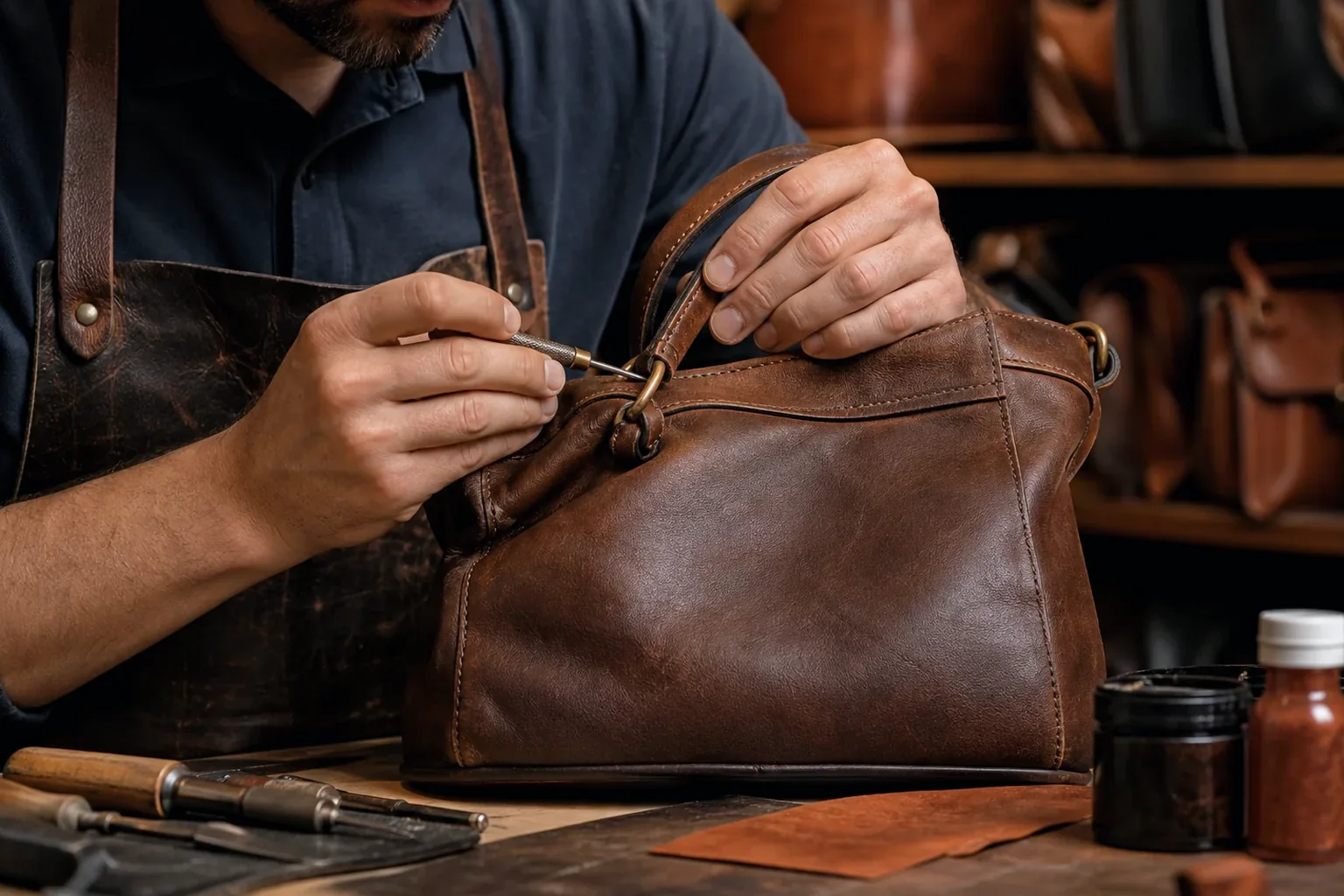 Sapateiro em Betim reformando uma bolsa de couro.